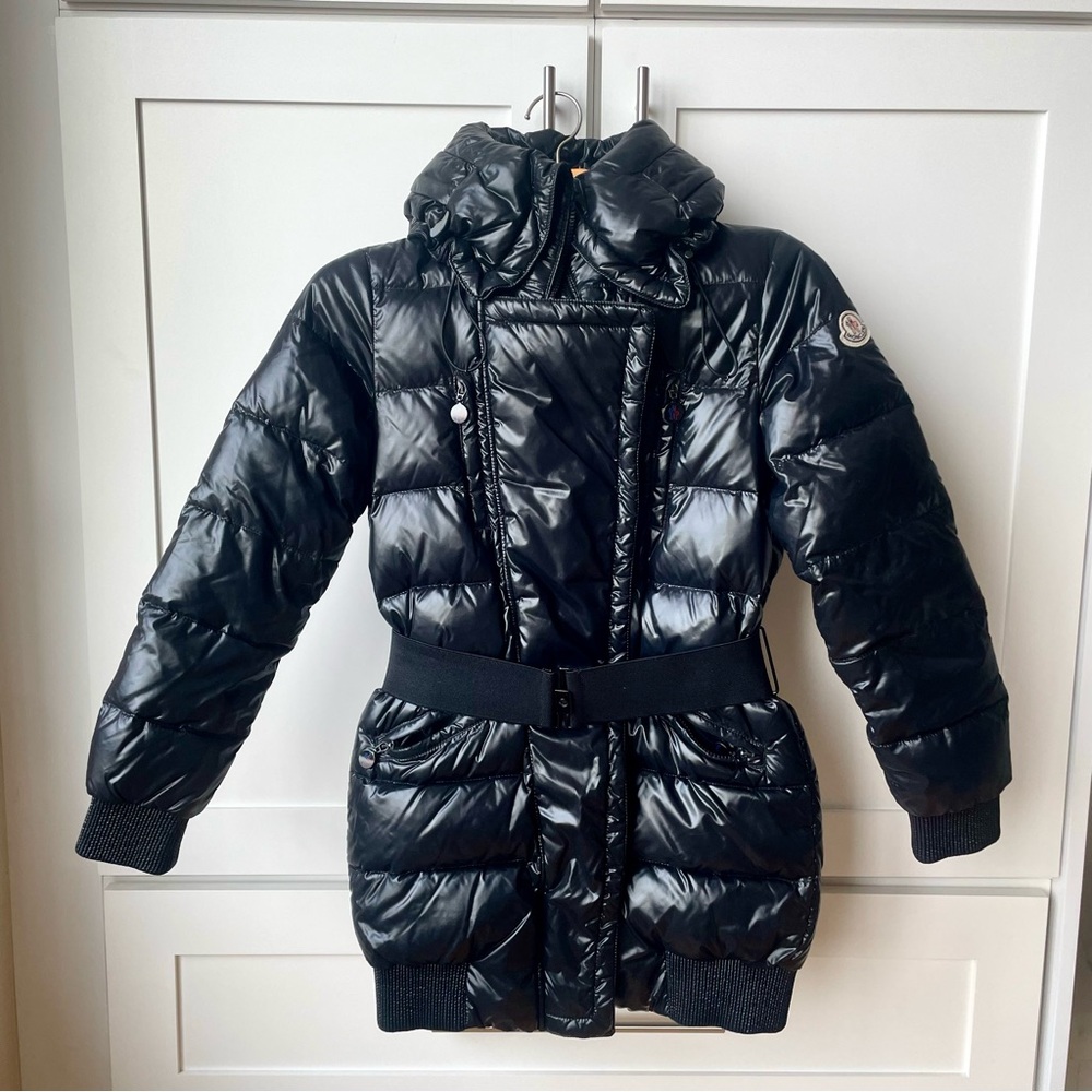 Moncler Puffer Down Jacket Hooded Belted Winter Coat black glossy shiny